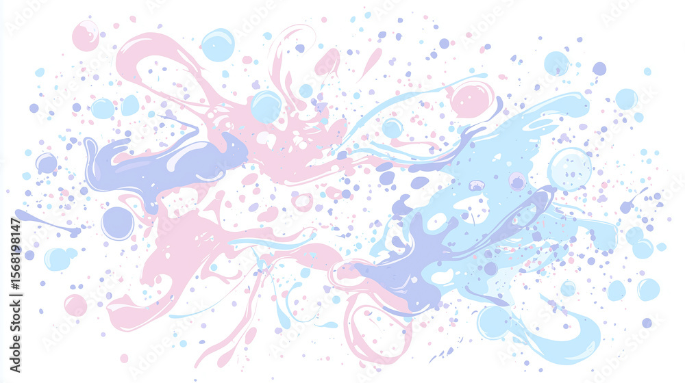 Naklejka premium Pastel paint splatter with swirled tones in pink, blue, and purple creating abstract, soft, and artistic background with fluid shapes and scattered dots for creative design