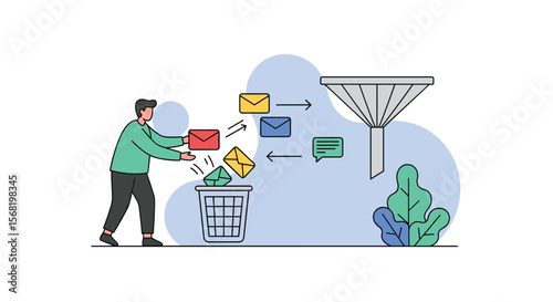 Email Sorting Process People Throwing Away Unwanted Messages in Trash Bin and Digital Filter Sorting Incoming Communications