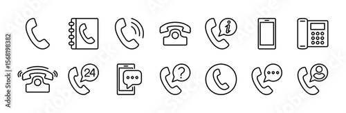 Contact icon set. Contains phone button, ringing, telephone number book, smartphone, call information, message, call center, telecommunication, 24 hours support, office phone. Vector illustration