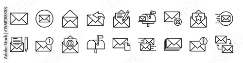 Mail, e-mail, envelope, E-mail icon set. Contains new message, all newsletter, sent, open, write, reply, delete, favorite, send, mailbox, draft, response, chat, spam, post, receive, inbox. Vector