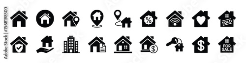 Home, house icon vector set Contains web button, website, address, map pin location, smart key, route, discount, sale, for sale, real estate, building, price, insurance, residential, legality document