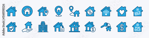 Set of home, house icon. Contains web button, website, address, map pin location, smart key, route, discount, sale, for sale, real estate, building, price, insurance, residential, legality document