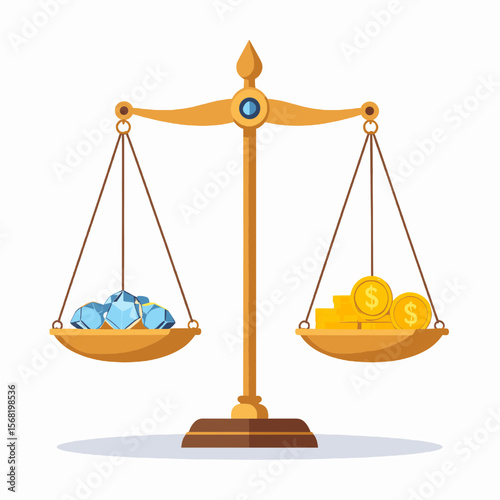 Golden Scale Balancing Blue Diamonds and Gold Coins Representing Wealth and Financial Concept in Economics and Investment