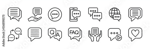 Chat, speech bubble icon set. Contains dialogue, message, discussion, talk, communication, comment, conversation, question and answer, FAQ, like button, recording, media social, doodle. Vector