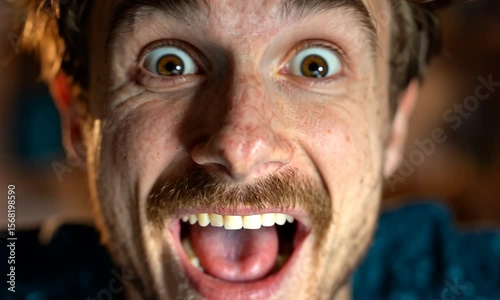 A man's face fills the frame, eyes wide with surprise and mouth agape in a laugh, details of teeth and beard visible