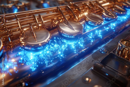 Close-up of a saxophone, brassy gold tone, with glowing blue particles