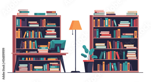 Cozy Home Library With Bookshelves Computer Desk and Lamp Illustration