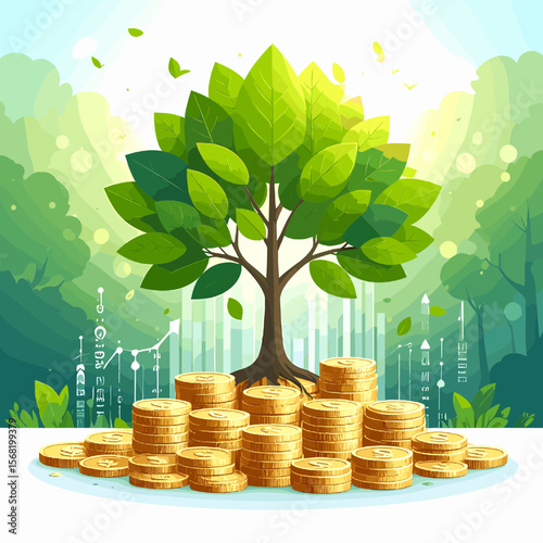 Green Leaves Tree Growing on Stack of Golden Coins against Forest Background Illustrating Financial Growth and Investment for Economic Success