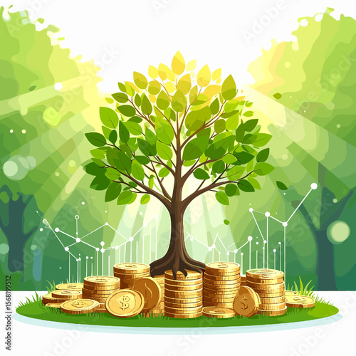 Green Tree Growing from Gold Coins with Forest Background Representing Investment Growth and Financial Success