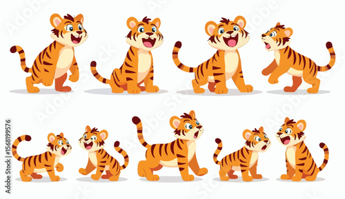 Collection of Cute Cartoon Tiger Cubs in Various Poses on a White Background