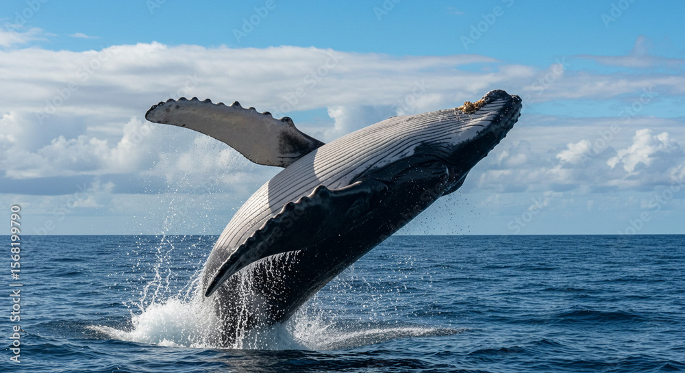 Fototapeta premium A magnificent humpback whale powerfully leaps from the deep blue ocean creating a spectacular splash under a cloudy sky.