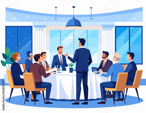 Group of Business People at Round Table Meeting in Bright Room with Geometric Style and White Blue and Brown Color Palette