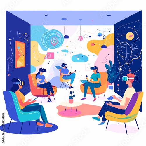 Group of People Experiencing Virtual Reality with Headsets in Colorful Abstract Room with Modern Furniture for Innovation and Digital Connection