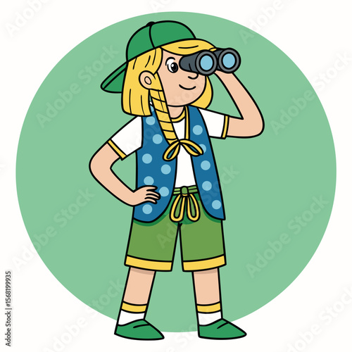 Young Explorer Girl with Binoculars Discovering Nature and Wildlife