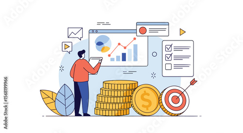 Man analyzing financial data and growth charts near coins and target PNG Transparent Background Isolated