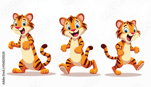 Three Cartoon Tigers Running Happily with Stripes and Bright Eyes on White Background