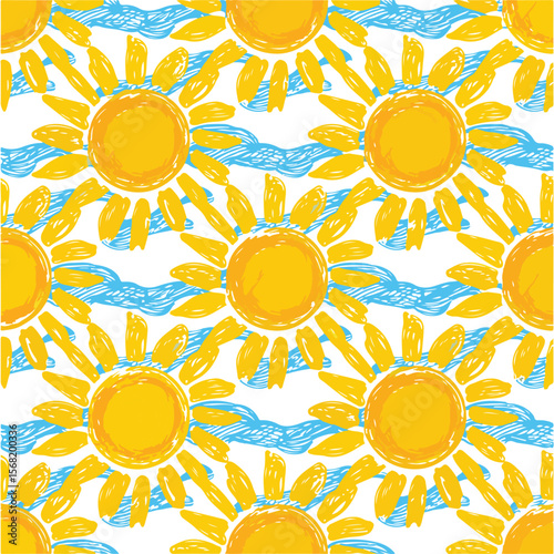 Sun pattern seamless, striped background. Hand drawn yellow sunshine icons. Cute hand-drawn summer symbols, Vector sketch. Sea sunset vector seamless pattern. Summer beach repeat design. 