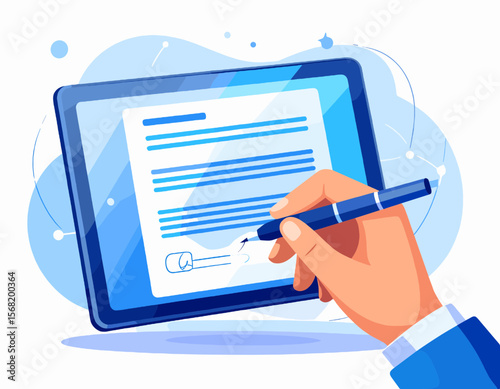 Hand Signing a Digital Contract on Tablet Device with Blue Background Electronic Signature Business Agreement and Modern Flat Design