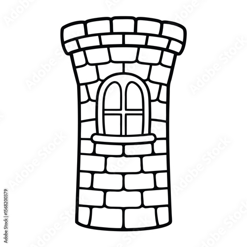 Simple cartoon drawing of a stone tower with a arched window and battlements