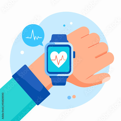 Hand Wearing Blue Smartwatch with Heart Rate Monitor on Light Blue Background for Health and Wellness Tracking Illustration