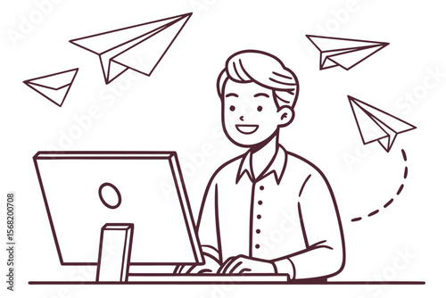 Young man working on computer with paper airplanes flying around him