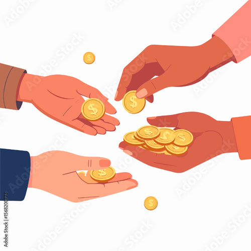 Hands Exchanging Gold Coins Depicting Investment and Charitable Contributions on White Background