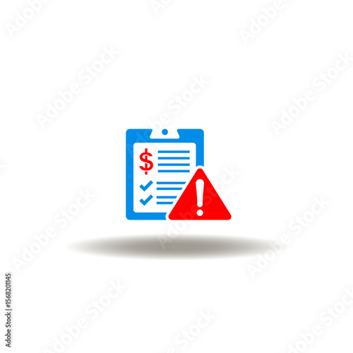 Vector illustration of checklist with dollar currency and attention sign. Symbol of cost estimate. Icon of budget deficit.
