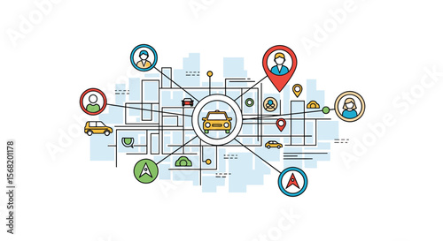 Conceptual Map Illustrating Ride Sharing Service Network and City Navigation System With People Icons and GPS Markers