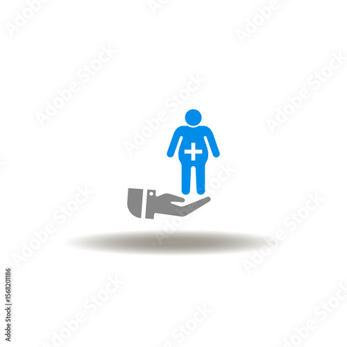 Vector illustration of hand hold overweight person with plus sign on belly. Symbol of body positive.