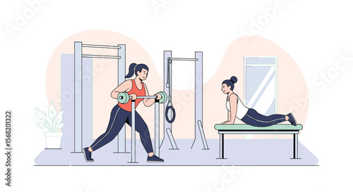 Two women exercising together at the gym using fitness equipment for a healthy lifestyle workout