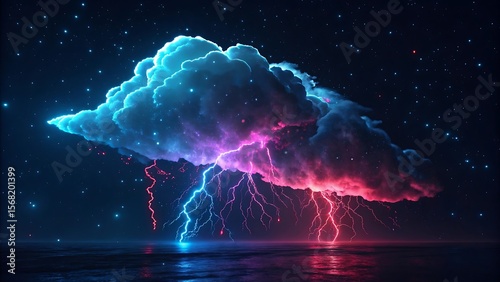 Wallpaper Mural A vibrant cosmic storm with neon pink and blue lightning strikes illuminating a vast ocean under a star filled night sky Torontodigital.ca