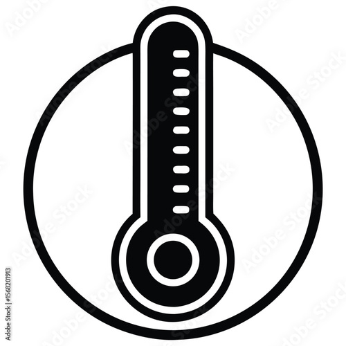 Simple black and white thermometer icon inside a circle representing temperature measurement