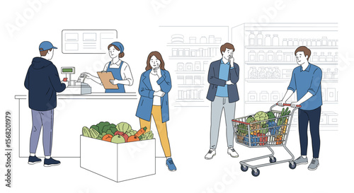 People shopping at grocery store and selecting fresh vegetables fruits and other goods for purchase PNG Transparent Background Isolated