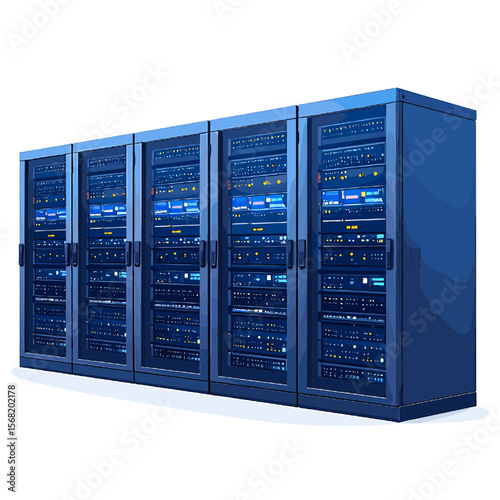 Illustration of a Row of Blue Computer Servers in a Data Center for Data Storage and Processing Network and Web Hosting