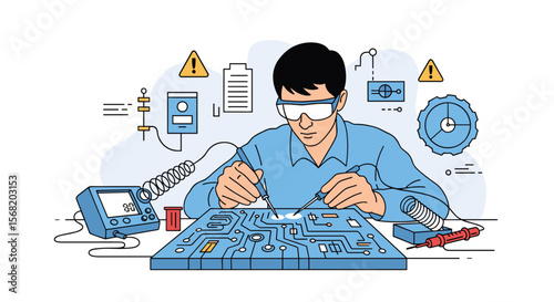 Skilled Technician Carefully Soldering Electronic Components on a Complex Circuit Board Wearing Protective Safety Goggles