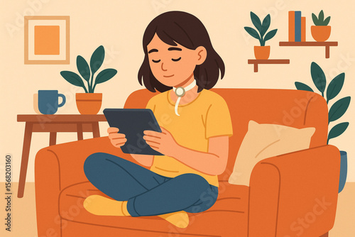 Vector illustration of teenage girl with tracheostomy using tablet on sofa in cozy room