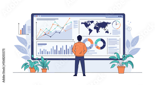 Man Standing Before Large Computer Screen Displaying Data Analytics and Global Business Trends