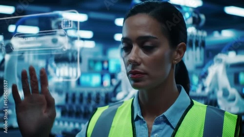 Woman in factory interacting with digital interface