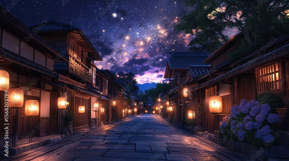 Fototapeta premium A tranquil, starry night in a traditional Japanese town. Wooden houses line a paved street, lit by warm lanterns. A vibrant night sky filled with stars and light streaks above