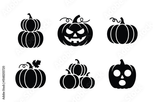 Black pumpkin silhouettes with various expressions and arrangements halloween jack o lantern