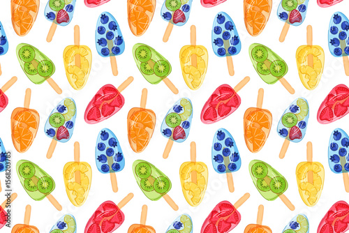 Colorful seamless pattern of fruit popsicle with strawberry, kiwi, blueberry, orange and pineapple isolated on white background. Cartoon design for summer dessert menu or package.