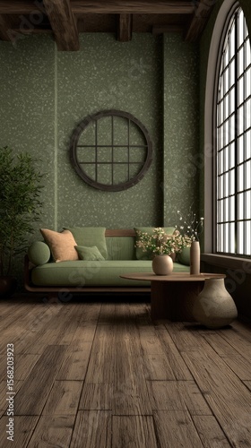 A cozy, rustic living room with sage-green walls, a wooden sofa, and a round window