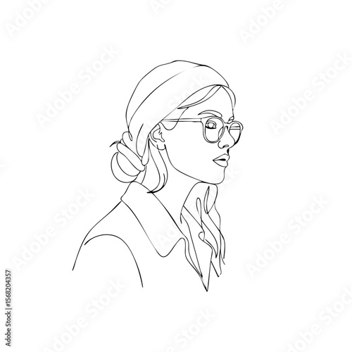 A woman in glasses and a headband with a serious mood in profile