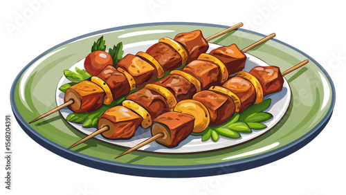 A skewer of Souvlaki from Greece, grilled to perfection, showcases chunks of marinated pork with slight char marks and side herbs on a clean white plate.
