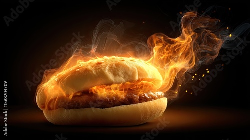 A hamburger engulfed in flames, with smoke and sparks, on a dark background