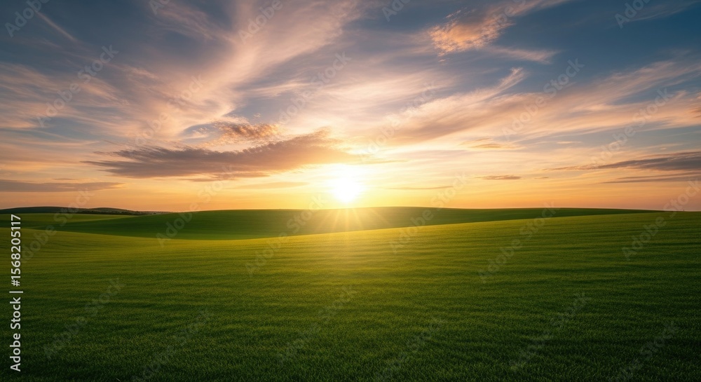 Obraz premium Green rolling fields at sunset sunrise rolling hills