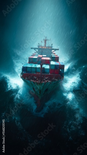 Cargo Ship Navigating Storm: A colossal cargo ship boldly cuts through tempestuous waves, a symbol of global trade resilience against a backdrop of a raging storm.