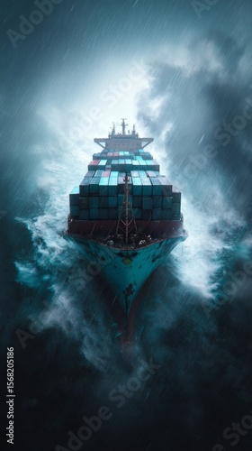 The Navigational Journey: A vast cargo ship sails through a stormy sea, its robust form confronting towering waves.