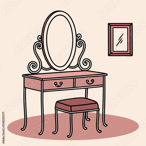 Charming Oval Mirror Vanity Table with Elegant Stool for Bedroom Dressing Area