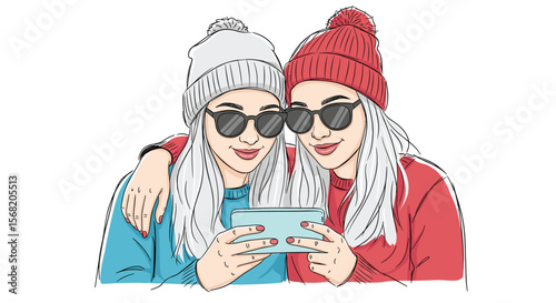 Two Young Women Friends Enjoying a Self Portrait Together Indoors Wearing Winter Hats and Sunglasses Looking at a Cellphone